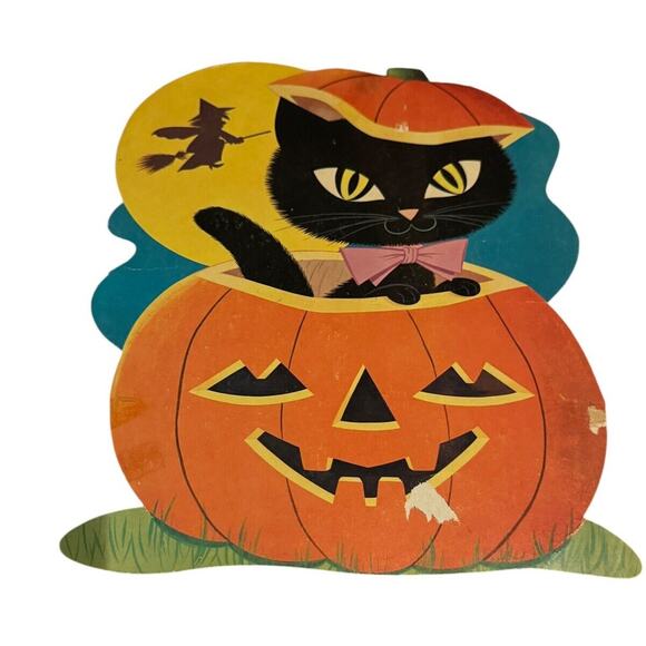 Black Cat Halloween Die Cuts (3) VTG Cardboard Wall Hanging Witch Moon READ NOTE - Picture 2 of 9
